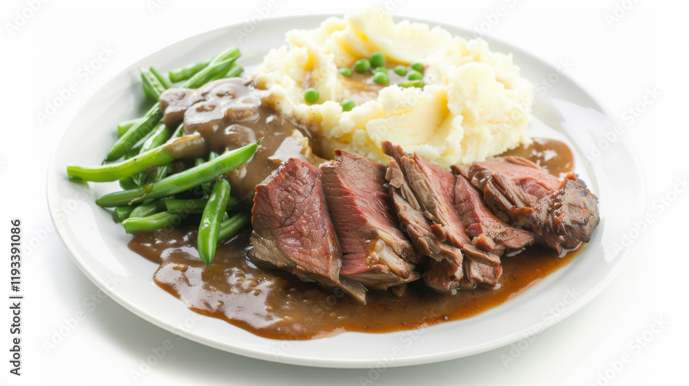 plate of roast beef with mashed potatoes and beans plate of roast beef with mashed potatoes and beans