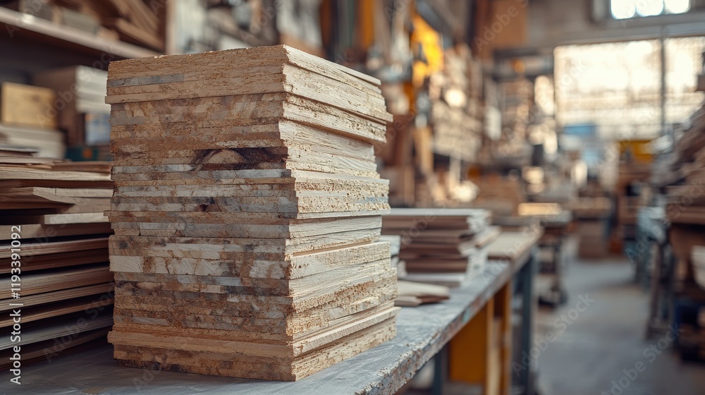 Fototapeta premium A Stack of Wooden Sheets in a Sunlit Workshop, Surrounded by Various Woodworking Materials, Tools, and Furniture Ready for Crafting Projects