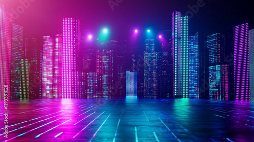 vibrant neon cityscape with glowing skyscrapers and reflective ground for futuristic urban concepts and entertainment themes photo