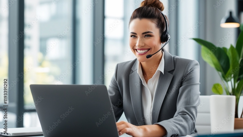 Confident businesswoman smiling and working on a laptop in a bright office and professionalism in a modern corporate workspace. Confident businesswoman smiling and working on a laptop in a bright office and professionalism in a modern corporate workspace.