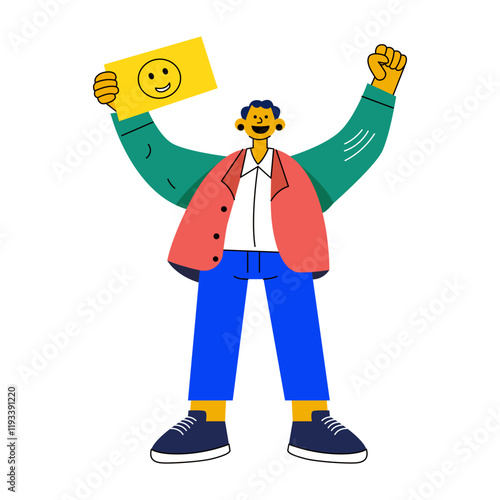 A flat illustration of a happy person holding a smiley face sig