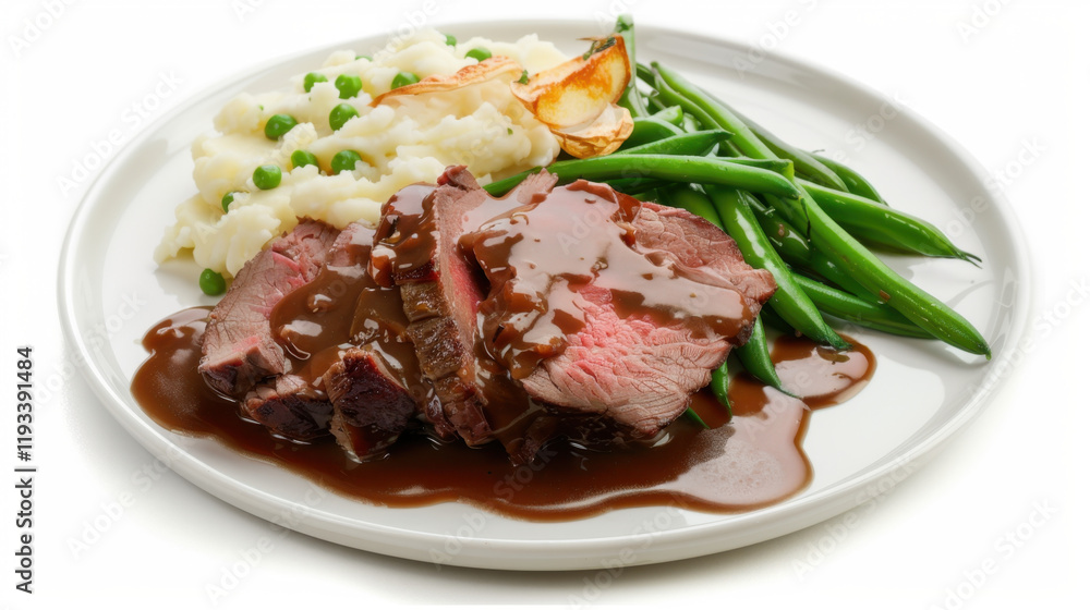 plate of roast beef with mashed potatoes and beans plate of roast beef with mashed potatoes and beans