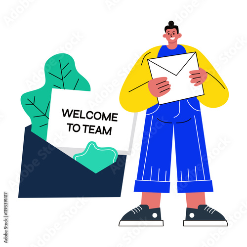 A flat illustration of a person holding an offer letter,