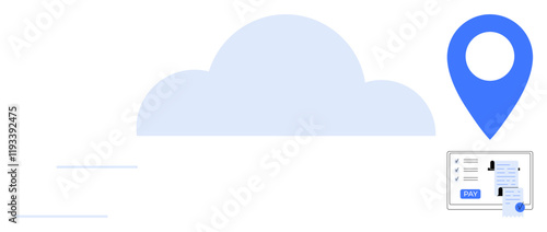 Large cloud icon, geolocation pin, and a transaction interface with Pay button. Ideal for cloud services, online payments, geolocation, digital security, mobile apps, web platforms virtual business