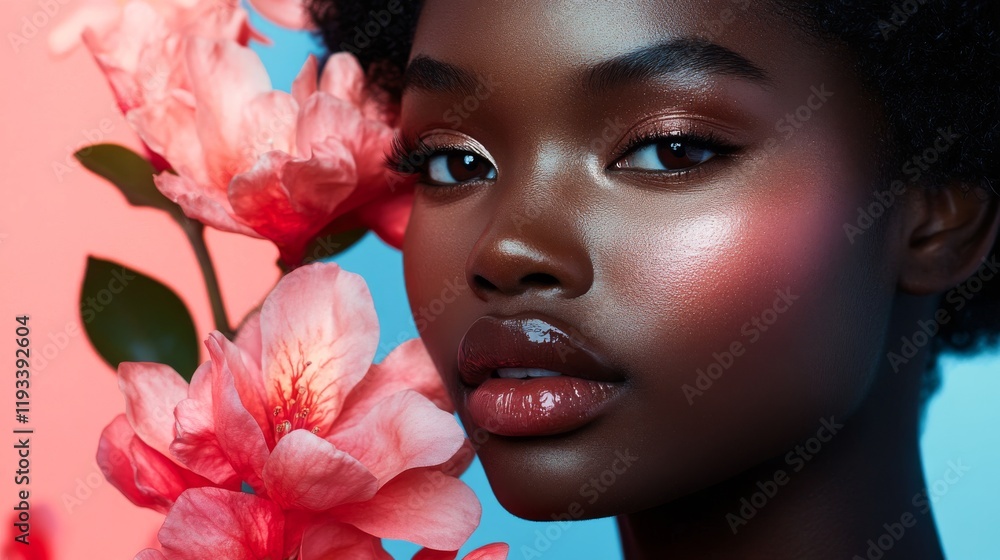 Fototapeta premium Beautiful Woman with Pink Flowers Close Up Portrait
