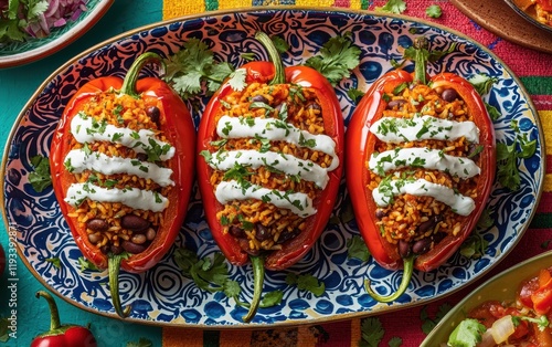 Wallpaper Mural A platter of football-shaped stuffed peppers, filled with spicy rice and beans, with sour cream lines as laces, set on a vibrant background Torontodigital.ca