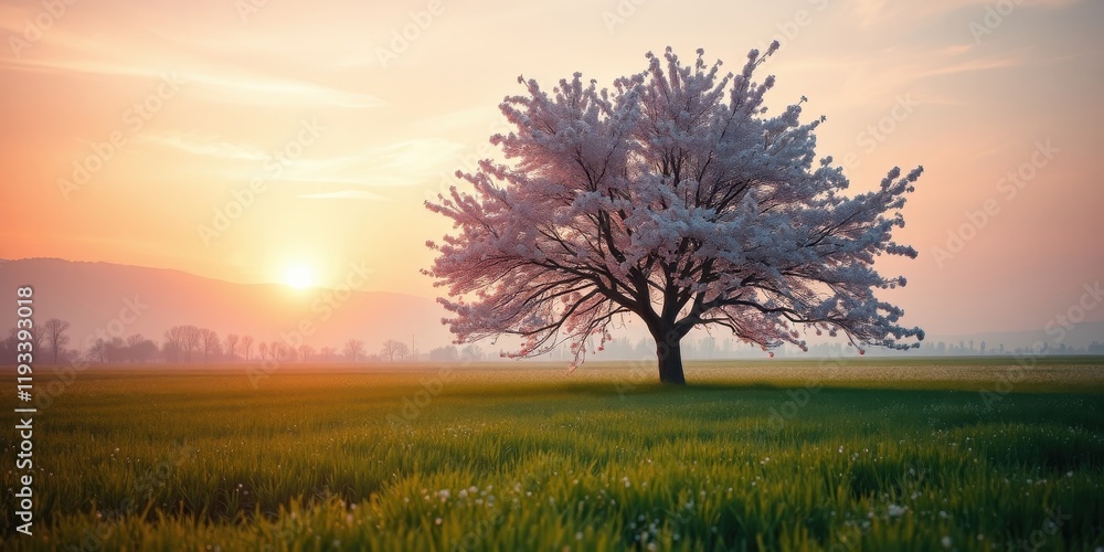Fototapeta premium Serene Blossom Tree in a Verdant Field at Sunrise