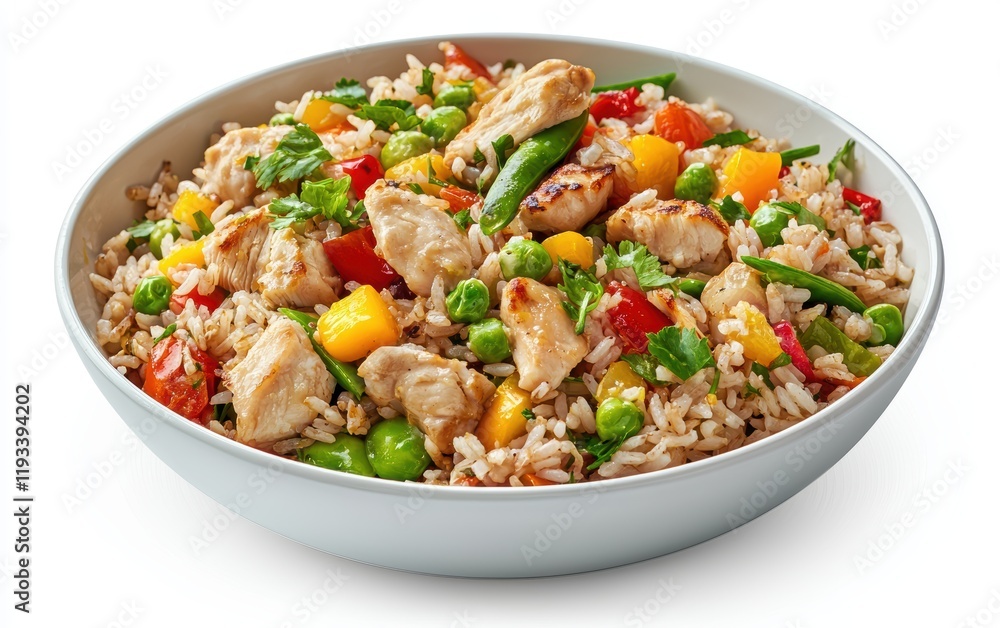 A bowl of fried rice with colorful vegetables and chicken, placed on a clean white surface A bowl of fried rice with colorful vegetables and chicken, placed on a clean white surface