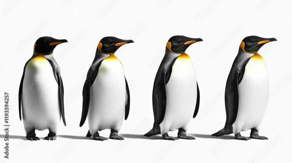 Fototapeta premium Group of Four Cartoon Penguins Stand in a Row Against a Clean White Background Showcasing Their Iconic Black and White Plumage with Bright Orange Accents
