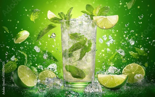 A mojito cocktail with lime wedges and mint leaves, served in a tall glass with crushed ice, on a vibrant green background