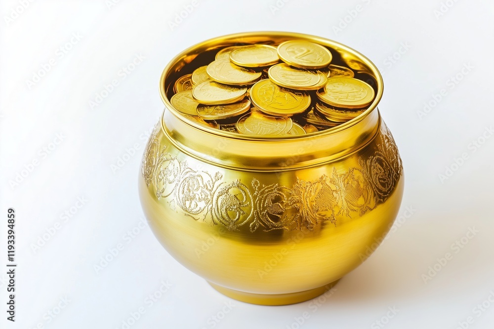 Golden pot filled with coins on white background