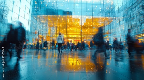 Dynamic city scene showing people moving around a modern glass structure, symbolizing metropolitan life and urban commutes, emphasized by bright lighting and reflections on the glass surfaces.