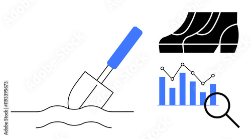 Shovel digging into soil, graph with fluctuating data points, magnifying glass, and terrain lines. Ideal for data analytics, research, exploration, digging information, scrutiny growth strategy