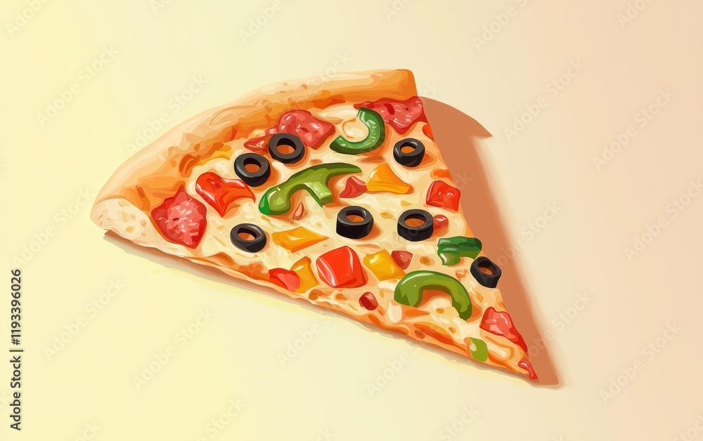 A colorful pizza slice with bell peppers and olives, displayed on a pastel yellow backdrop A colorful pizza slice with bell peppers and olives, displayed on a pastel yellow backdrop