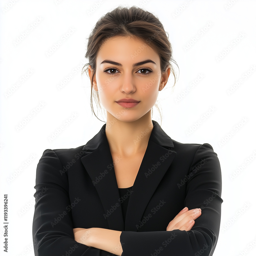 Businesswoman, 28 years old, in a black suit, standing and holding a laptop, smiling and confident. White background, studio professional photo Businesswoman, 28 years old, in a black suit, standing and holding a laptop, smiling and confident. White background, studio professional photo