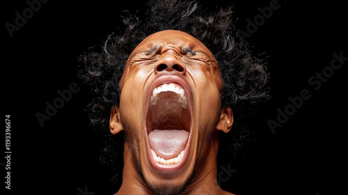 Raw Emotion: A powerful close-up captures a man's intense scream, his face contorted in a display of raw emotion against a stark black background. The image evokes feelings of frustration, anger. photo