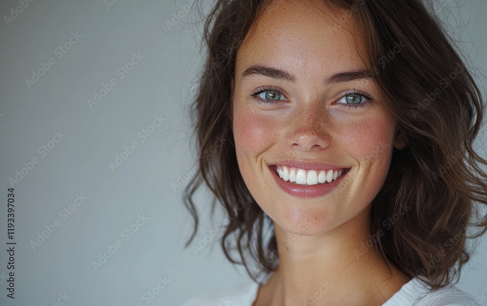 Naklejka premium A confident smile with sparkling teeth and perfectly shaped lips on a clean gray background