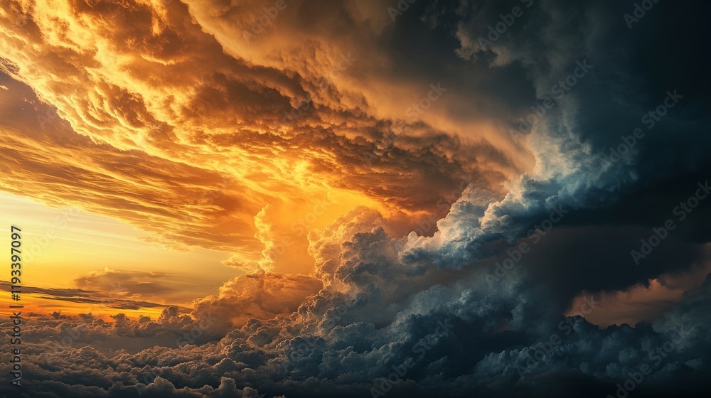 Fiery Sunset Cloudscape: Dramatic Aerial View of Golden and Dark Storm Clouds Fiery Sunset Cloudscape: Dramatic Aerial View of Golden and Dark Storm Clouds