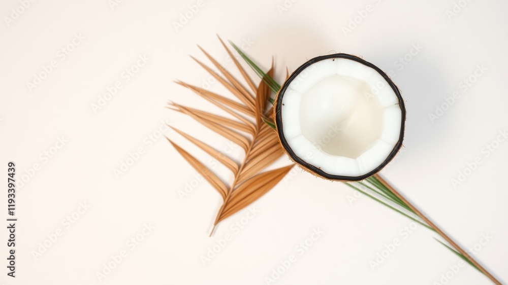Fototapeta premium Tropical Coconut Half with Dried Palm Leaf on White Background