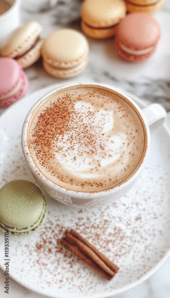 Steaming Cappuccino with latte Art, Cinnamon, and Colorful Macarons on Marble Background Steaming Cappuccino with latte Art, Cinnamon, and Colorful Macarons on Marble Background