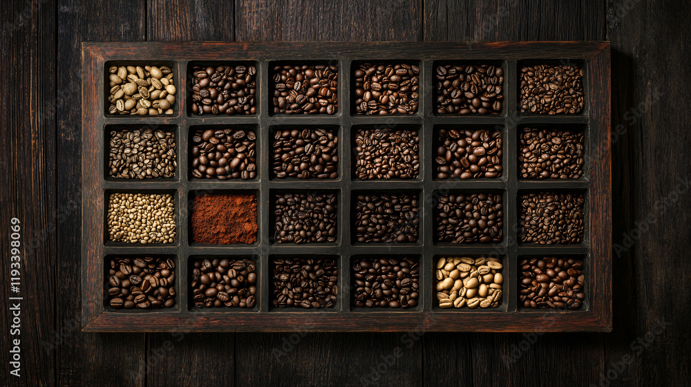 A simple yet striking layout of coffee beans arranged in a rectangular grid, with a dark wood background that highlights the earthy tones of the beans. A simple yet striking layout of coffee beans arranged in a rectangular grid, with a dark wood background that highlights the earthy tones of the beans.