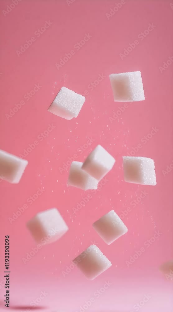 White sugar cubes are falling against a vibrant pink backdrop, creating a visually striking image that promotes the concept of reducing sugar intake and embracing a healthier, sugar free lifestyle White sugar cubes are falling against a vibrant pink backdrop, creating a visually striking image that promotes the concept of reducing sugar intake and embracing a healthier, sugar free lifestyle