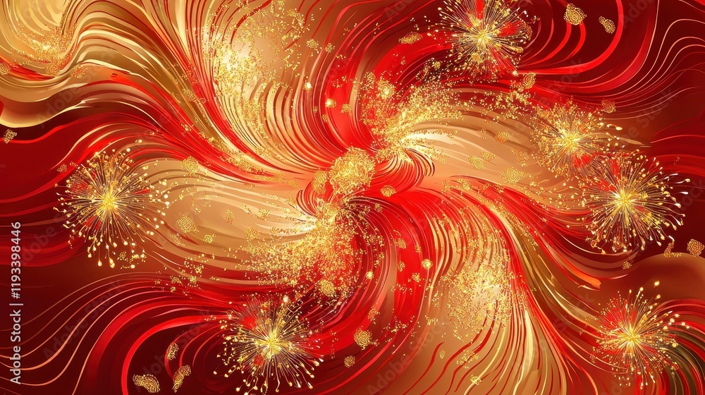 Fototapeta premium Vibrant Abstract Pattern with Swirling Red and Gold Motifs and Sparkling Effects for Festive Celebrations, Events, or Decorative Backgrounds