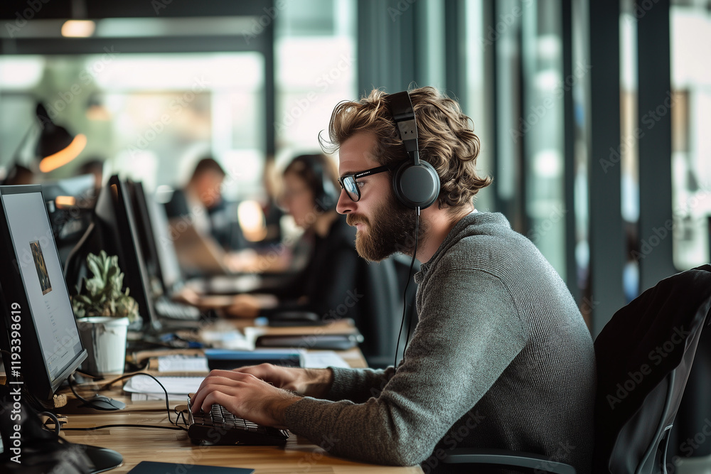Fototapeta premium Focused software developer working on a project in a collaborative workspace wearing headphones and typing at a computer in an open office 