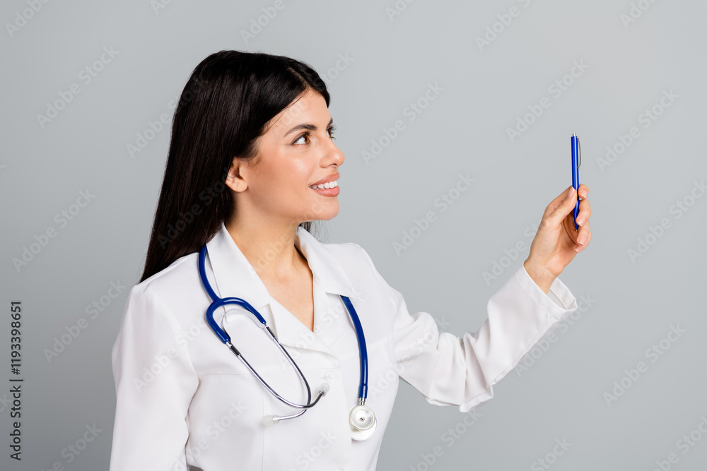 Professional female doctor holding a pen with a confident smile against a grey background Professional female doctor holding a pen with a confident smile against a grey background