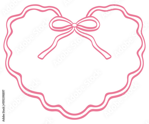 Hand drawn doodle heart scallop frame with ribbon for wedding invitations, Valentine's Day card.
