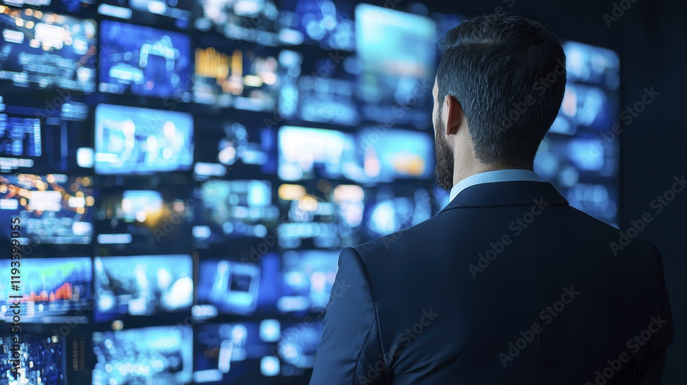 Businessman observing data analytics on multiple screens, focused and engaged Businessman observing data analytics on multiple screens, focused and engaged