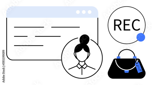 User profile with silhouette, web page, handbag with price tag, and a REC button. Ideal for registration process, e-commerce, online shopping, identity verification, recording UX design and fashion