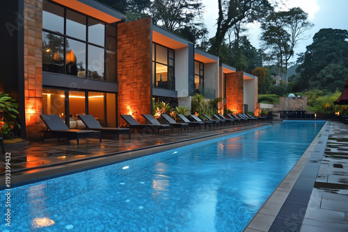 Obraz na płótnie Luxurious Country Club Pool with Shimmering Jewel-Toned Waters and Elegant Surroundings w salonie