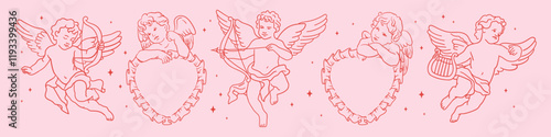 Antique Baby Cupid Set. Vintage cute angels with harp, bow, arrow, pillow in whimsical coquette doodle style. Hand-drawn line clipart of cherub Greek statue for wedding invitations, menus, posters.