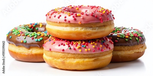 Delicious Stack of Sprinkled Donuts Isolated on White Background - Perfect for Bakery Ads photo