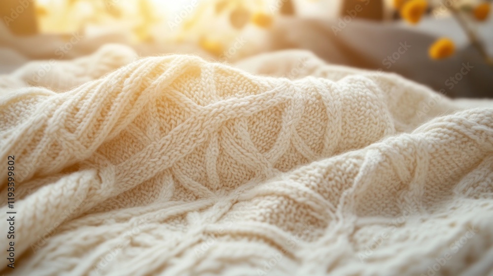 Cozy and Warm Knitted Blanket Providing Comfort and Relaxation in Bedroom or Living Room Soft plush and fluffy textured fabric creating a hygge and calming atmosphere for autumn and winter Cozy and Warm Knitted Blanket Providing Comfort and Relaxation in Bedroom or Living Room Soft plush and fluffy textured fabric creating a hygge and calming atmosphere for autumn and winter