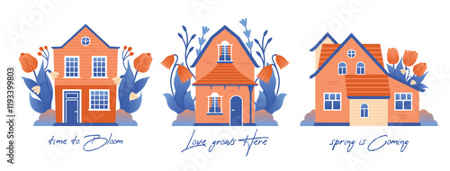 Set of village houses among spring flowers, leaves, tulips and snowdrops. Spring is coming. Time to Bloom. Cute naive illustrations with rural architecture to spring cards, banners. Flat Design.