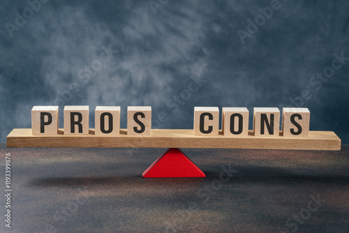 Seesaw with text pros and cons on gray background