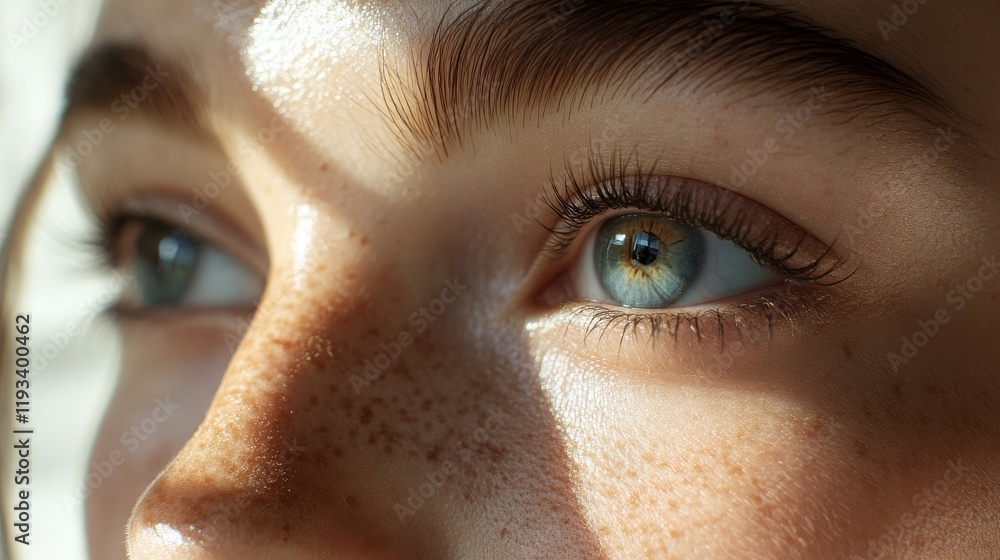 Closeup of a girls eyes and freckles in sunlight Closeup of a girls eyes and freckles in sunlight