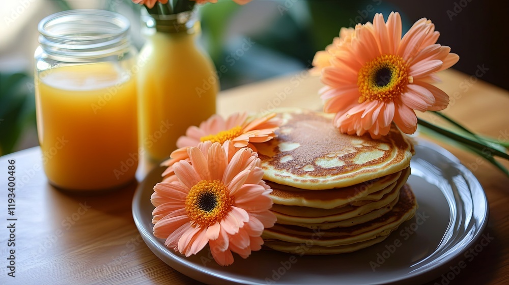 A clean Mothers Day breakfast with pancakes, orange juice, and fresh flowers A clean Mothers Day breakfast with pancakes, orange juice, and fresh flowers