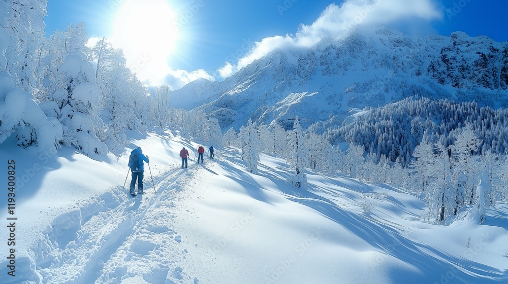 A group of hikers traversing a snow-covered mountain trail under bright sunlight amidst a breathtaking backdrop of snowy trees and majestic peaks. This reflects exploration, nature, and winter beauty. A group of hikers traversing a snow-covered mountain trail under bright sunlight amidst a breathtaking backdrop of snowy trees and majestic peaks. This reflects exploration, nature, and winter beauty.
