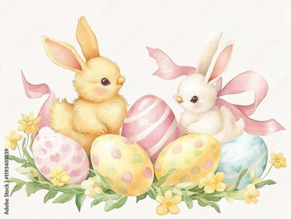 Cute Bunny Characters with Colorful Easter Eggs and Flowers Cute Bunny Characters with Colorful Easter Eggs and Flowers