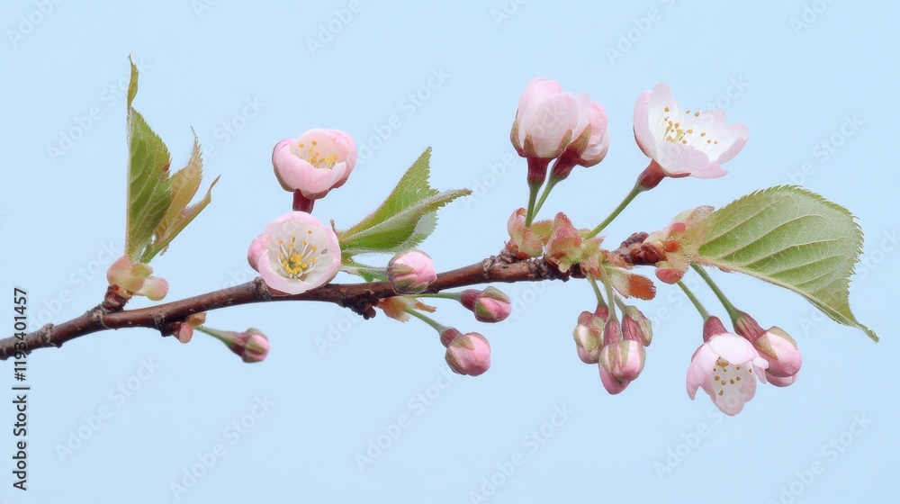 Delicate Pink Cherry Blossom Branch with Fresh Spring Leaves Delicate Pink Cherry Blossom Branch with Fresh Spring Leaves