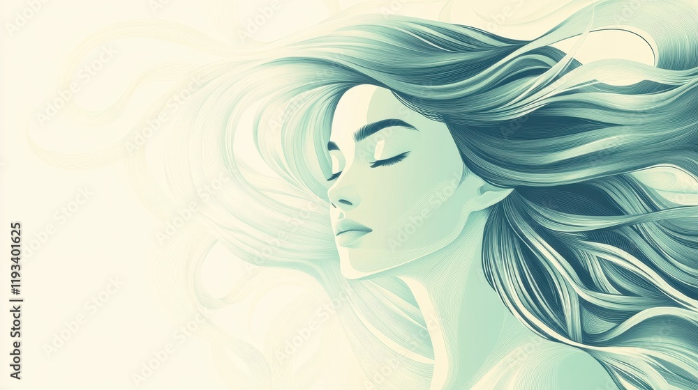 Serene Woman with Flowing Teal Hair Serene Woman with Flowing Teal Hair
