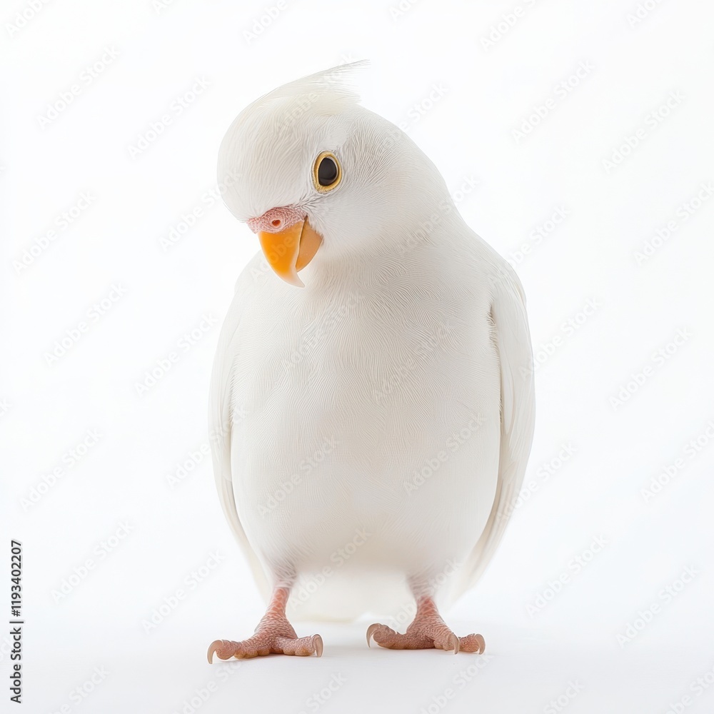 A white bird with a yellow beak stands gracefully on a pristine white surface, showcasing its delicate features and serene presence. A white bird with a yellow beak stands gracefully on a pristine white surface, showcasing its delicate features and serene presence.