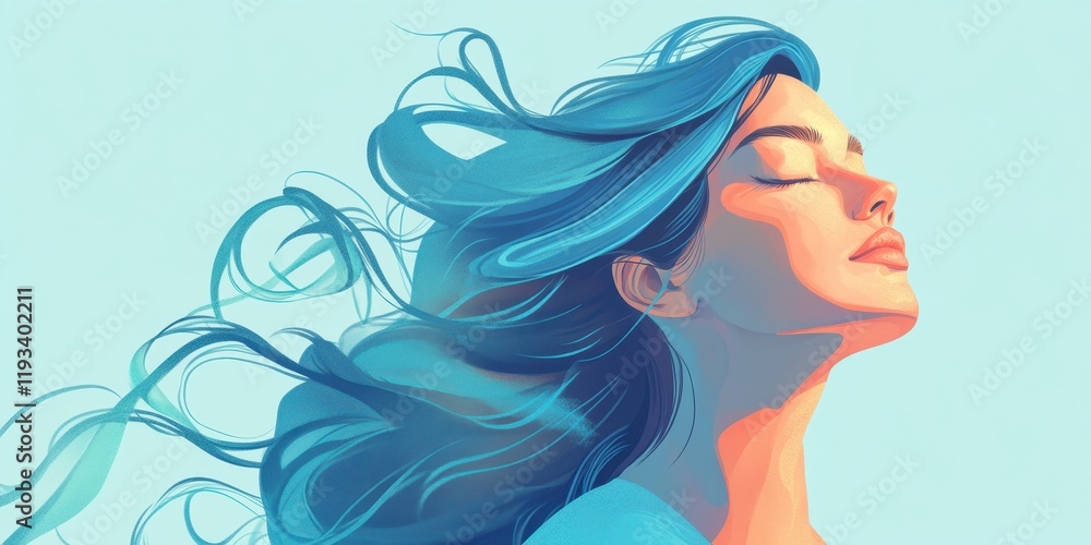 Woman with flowing teal hair breathes deeply in the light Woman with flowing teal hair breathes deeply in the light