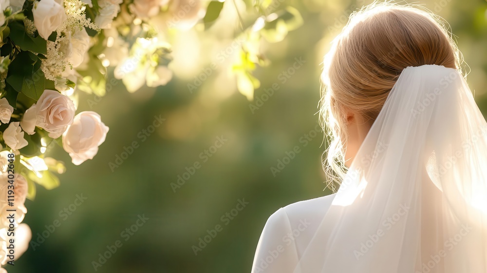 Naklejka premium A romantic outdoor wedding scene, the bride standing under an arch of fresh flowers, golden sunlight illuminating her smile.