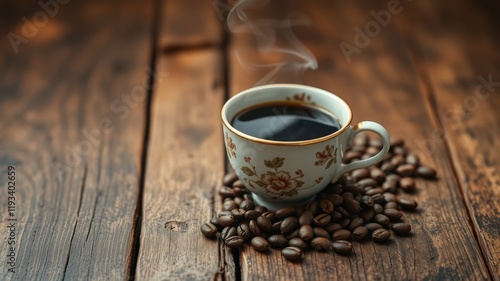 Aromatic coffee in a floral cup rests on a rustic wooden surface, surrounded by roasted beans. photo