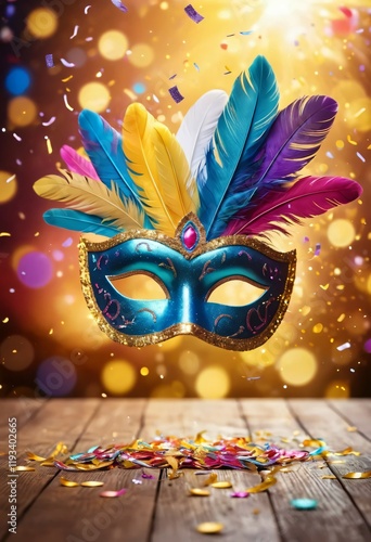 Festive Carnaval mask with vibrant feathers, confetti, and glowing glitter for promotional use, Ai generated Images photo