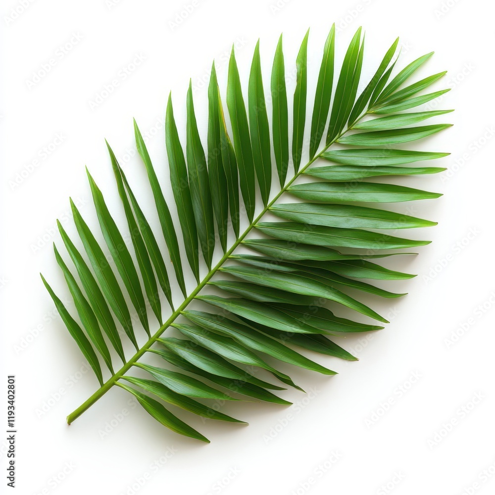 Obraz premium A vibrant green leaf rests elegantly on a clean, white surface, highlighting its natural beauty and contrasting colors.